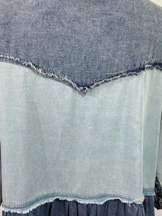 POL chambray Denim Babydoll Mini Dress Sz Medium Tiered Colorblock Overs - Picture 6 of 13